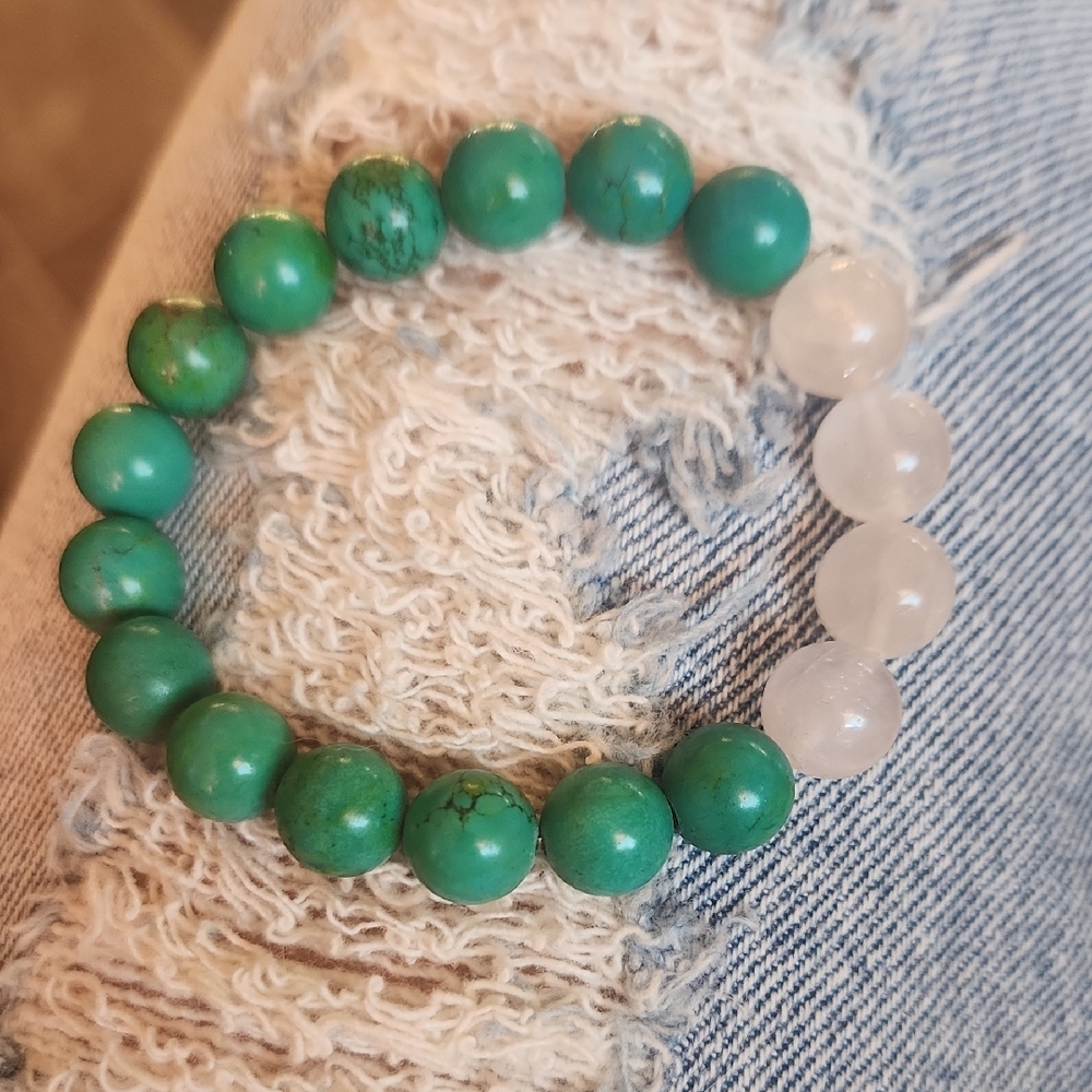 Blue-green Aqua Turquoise and Milky Quartz Beaded Bracelet Sz 7.5